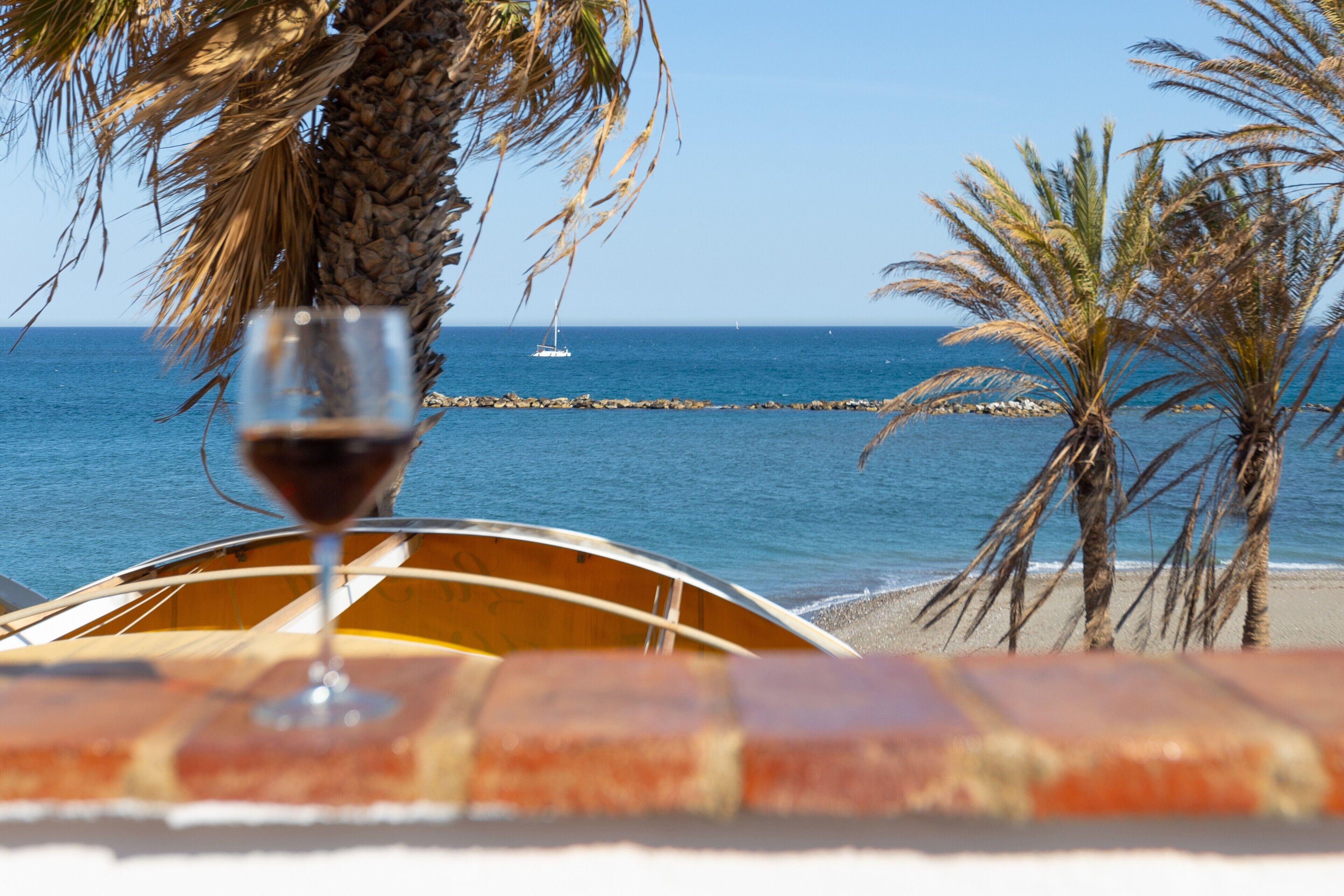 Une vue sur la plage, avec un verre de vin rouge, des palmiers et un bateau sur l’eau.