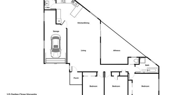 A floor plan of a house with a garage, kitchen/dining area, living room, bedroom, bathroom, and a porch. - Villa Serene - Belle Escapes Jervis Bay (Vincentia)