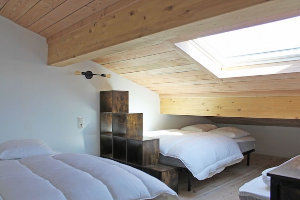 A compact bedroom with two beds, a skylight, and a built-in bookshelf.
