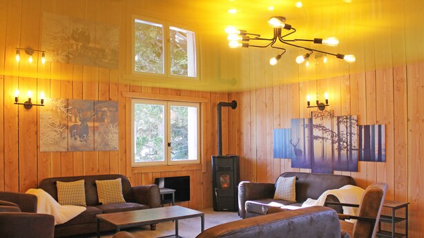 Una sala de estar acogedora con paredes de madera, una chimenea y obras de arte.