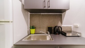 A kitchen with a stainless steel sink, a kettle, a small heater, and a potted plant. - Bugrashov Beach Studios (Tel Aviv)