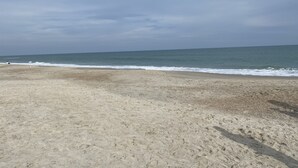 A beach with a sandy shore and ocean waves.
