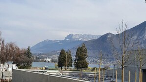 A view of a mountainous landscape with a lake and a town in the background.