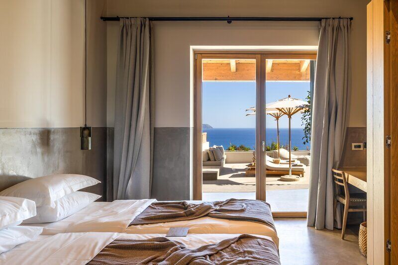 Eliamos Three Bedroom Villa with outdoor private pool and sea view | Hypo-allergenic bedding, in-room safe, laptop workspace, free WiFi
