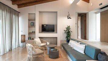 Thalassa Two Bedroom Villa with outdoor private pool and sea view | Living area | 43-inch Smart TV with satellite channels, TV