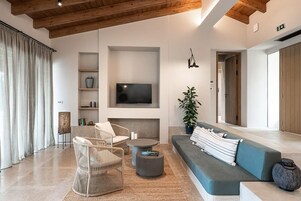 Thalassa Two Bedroom Villa with outdoor private pool and sea view | Living area | 43-inch Smart TV with satellite channels, TV
