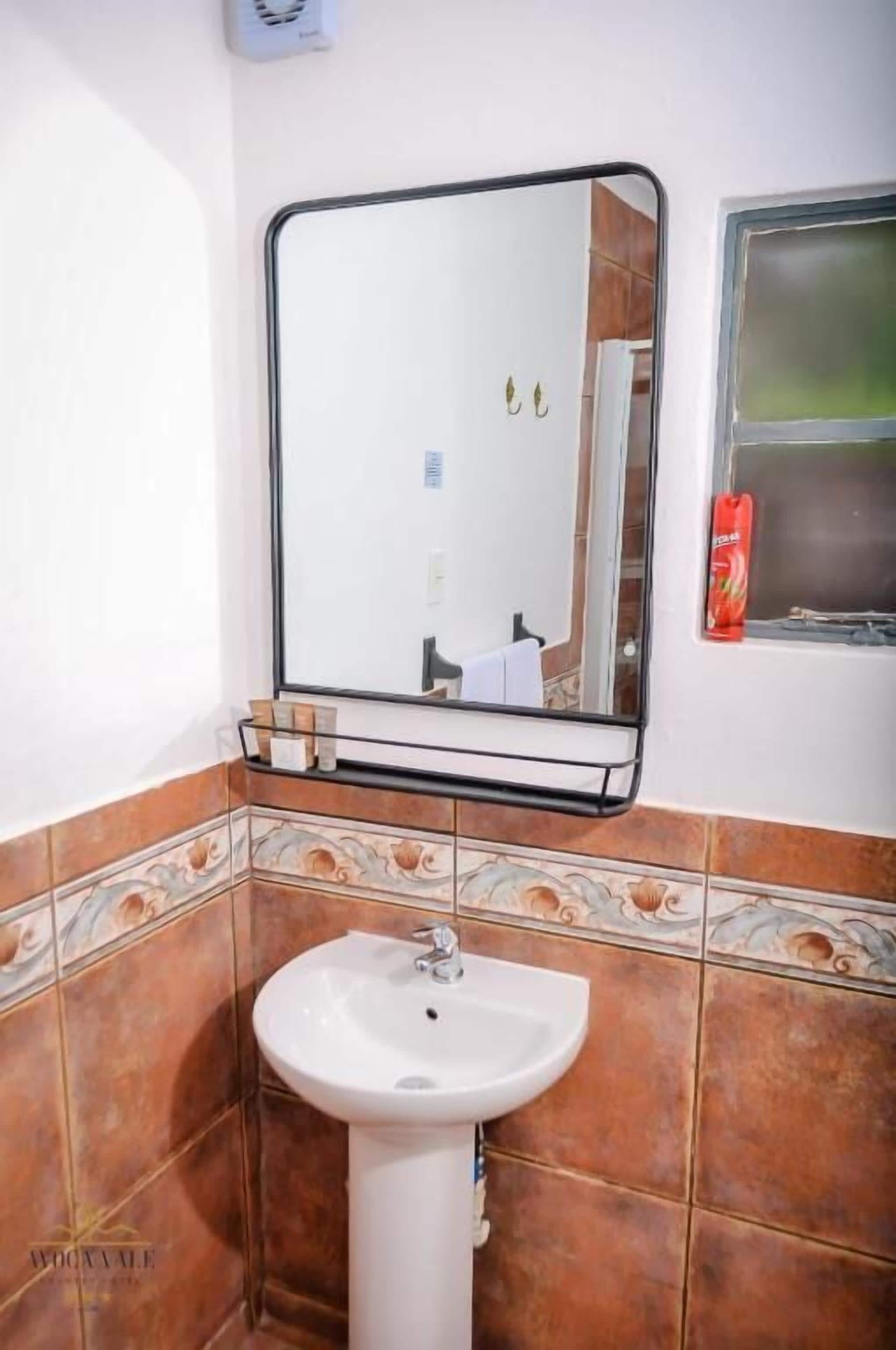 A bathroom with a white sink, a mirror, and decorative tiles.