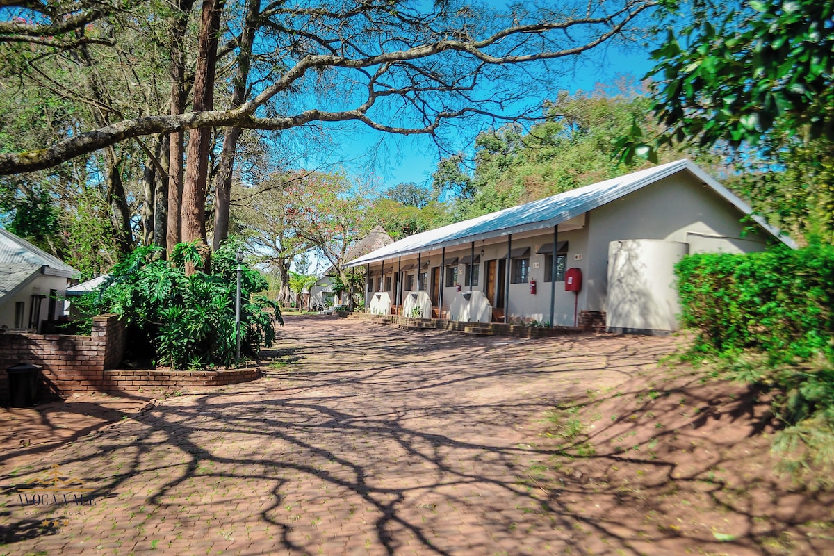 A country hotel with a paved courtyard, surrounded by trees and buildings with a simple architectural style.
