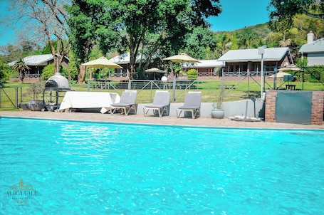 Una piscina al aire libre, sillones reclinables de piscina