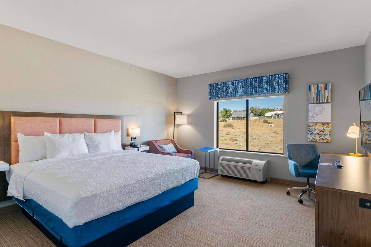 A hotel room with a large bed, a desk, a chair, a window with a view of the outdoors, and artwork on the walls.