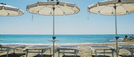 On the beach, sun-loungers, beach umbrellas, beach towels