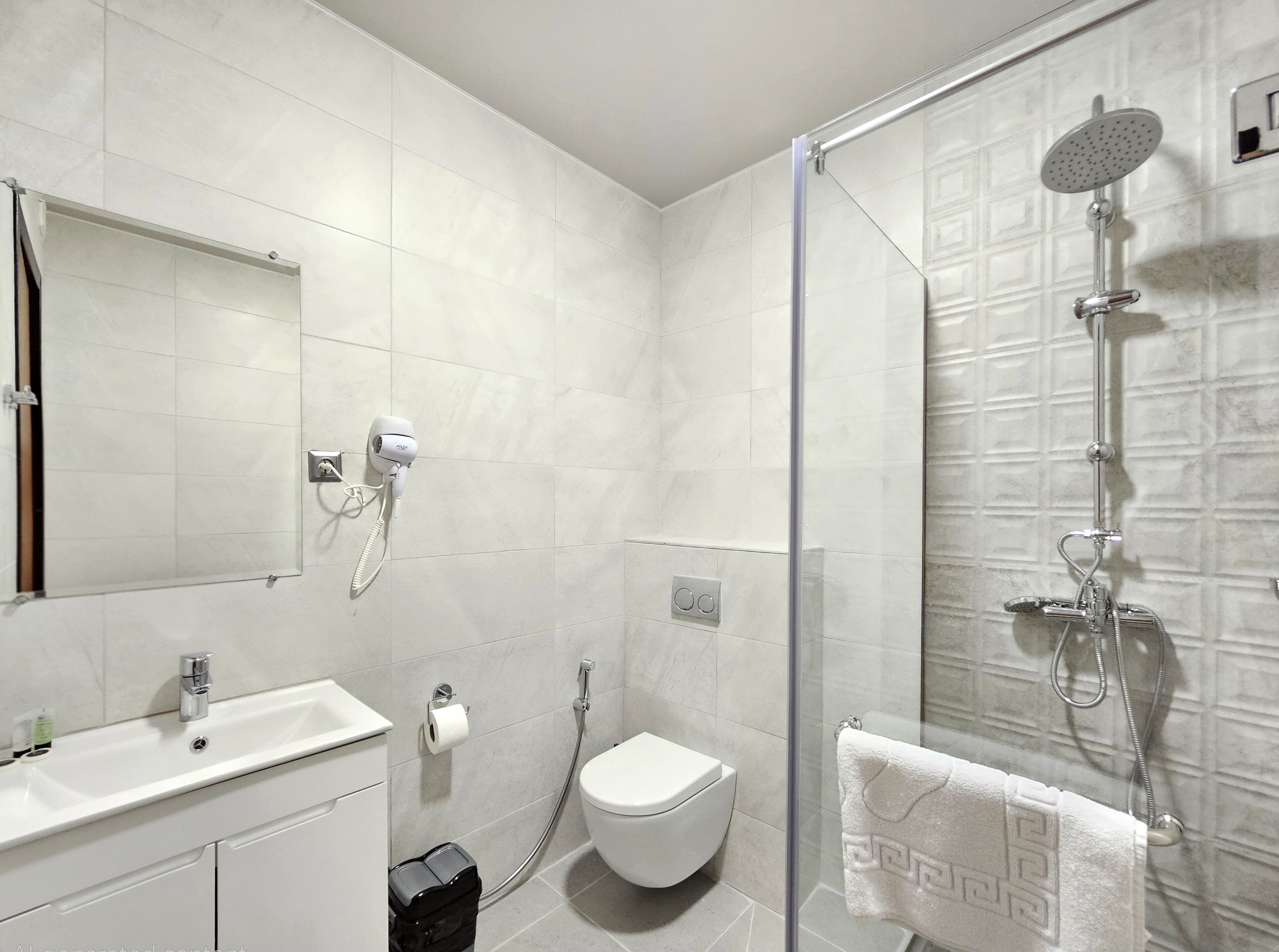 A modern bathroom with a glass shower enclosure, a white sink, a toilet, and a towel hanging on the wall.