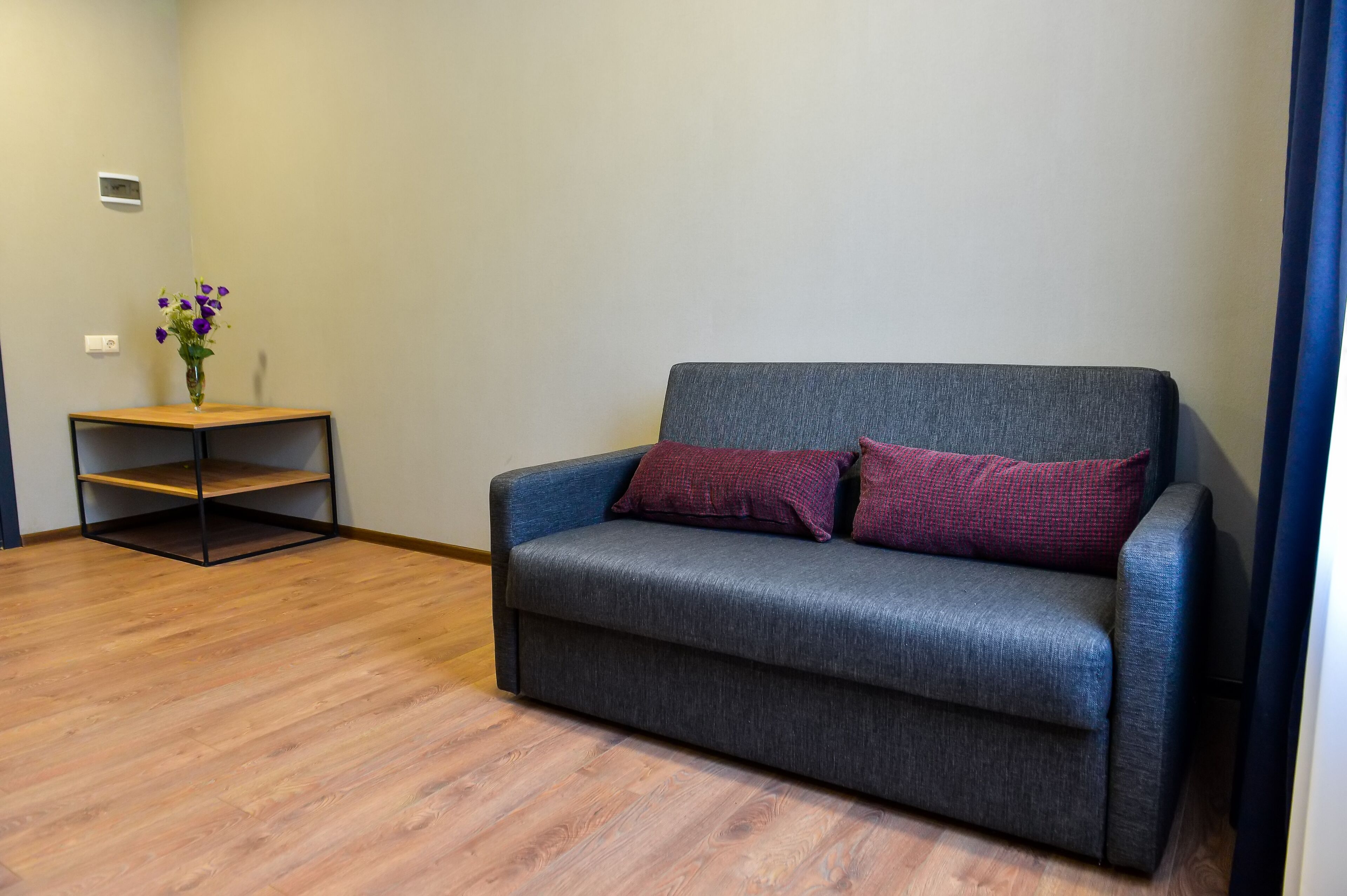 A grey sofa with two red cushions, a small wooden side table with a vase of purple flowers, and a wooden floor.