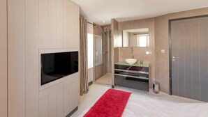 A modern bedroom with a TV, a large mirror, a walk-in closet, and a shower. - House ANNEXE       . (Saint-Martin-de-Ré)