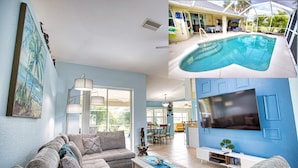Una sala de estar con un sofá, una mesa de centro y un televisor. Se ve una piscina al fondo.