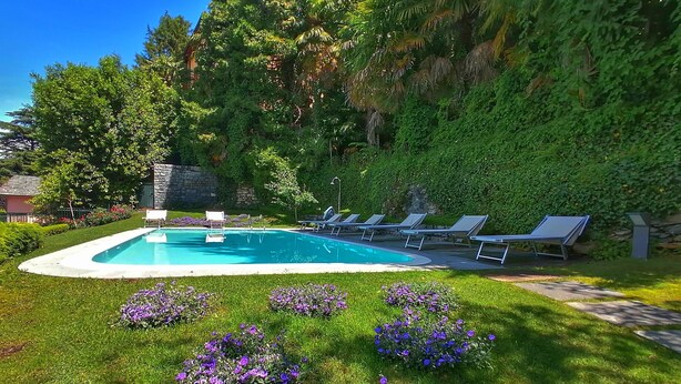 Une piscine entourée de chaises longues et agrémentée d’un jardin paysager où fleurissent des plantes aux couleurs violettes.