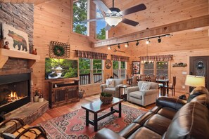 Smart TV, fireplace, video games, DVD player