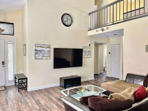 TV, fireplace, video games, foosball
