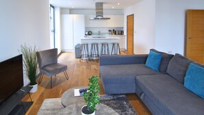 A modern living room with a grey sofa, a TV, and a potted plant. - Canning Town by Viridian Apartments (London)
