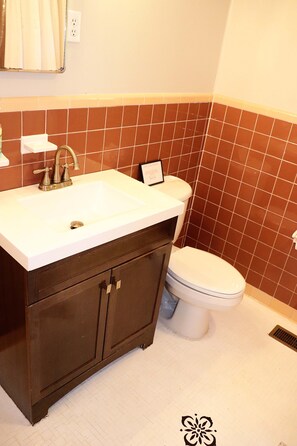 Combined shower/tub, hair dryer, towels, soap