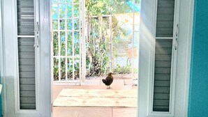 Een kamer met een betegelde vloer, een deur die naar buiten leidt, en een vogel op het terras.