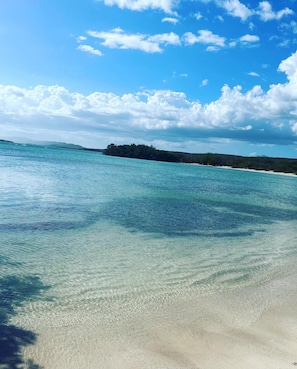A beach with clear turquoise water, a sandy shore, and a distant landmass with vegetation.
