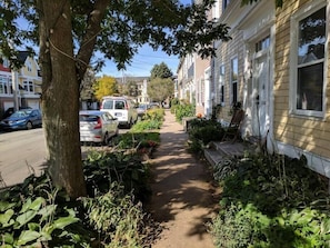 Une rue résidentielle bordée de voitures garées, avec un trottoir et des maisons dotées de jardins devant.