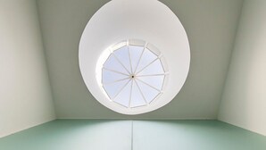 A room with a large, circular skylight. - Apartamento de 1 quarto em Santa Catarina (Porto)