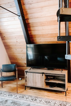 Un salon moderne avec un plancher en bois, un téléviseur posé sur un meuble en bois, un fauteuil bleu et un tapis à motifs.