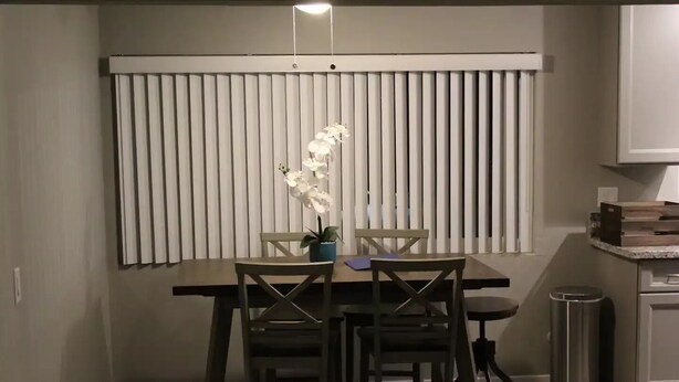Un coin repas avec une table et des chaises, une plante en pot et une fenêtre équipée de stores verticaux.