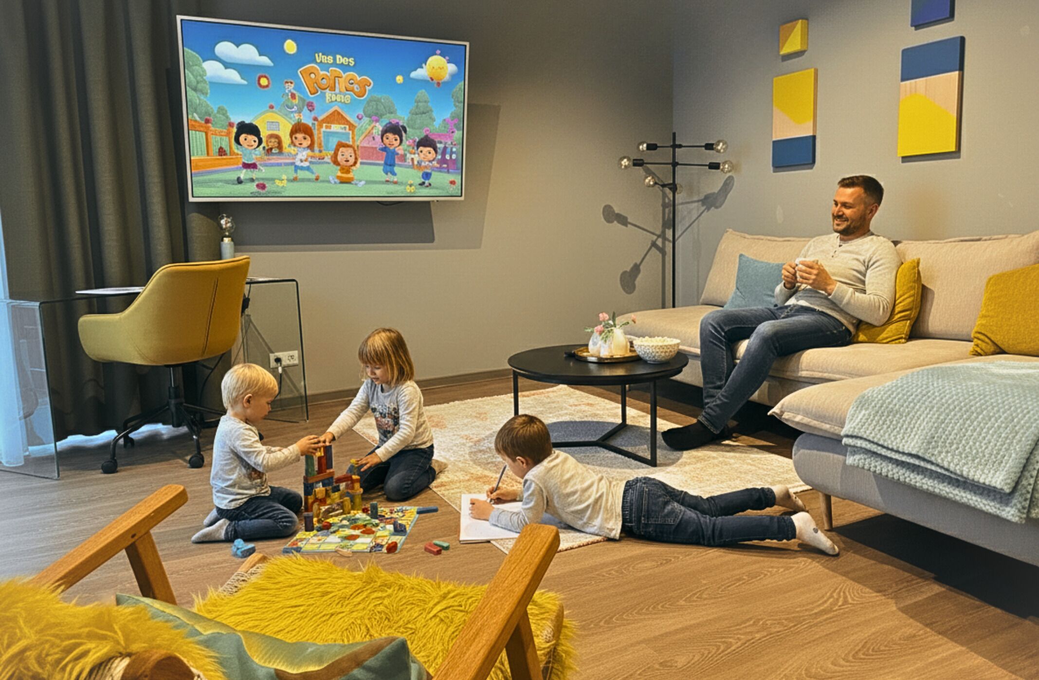 A living room with a TV, sofa, coffee table, and children playing.
