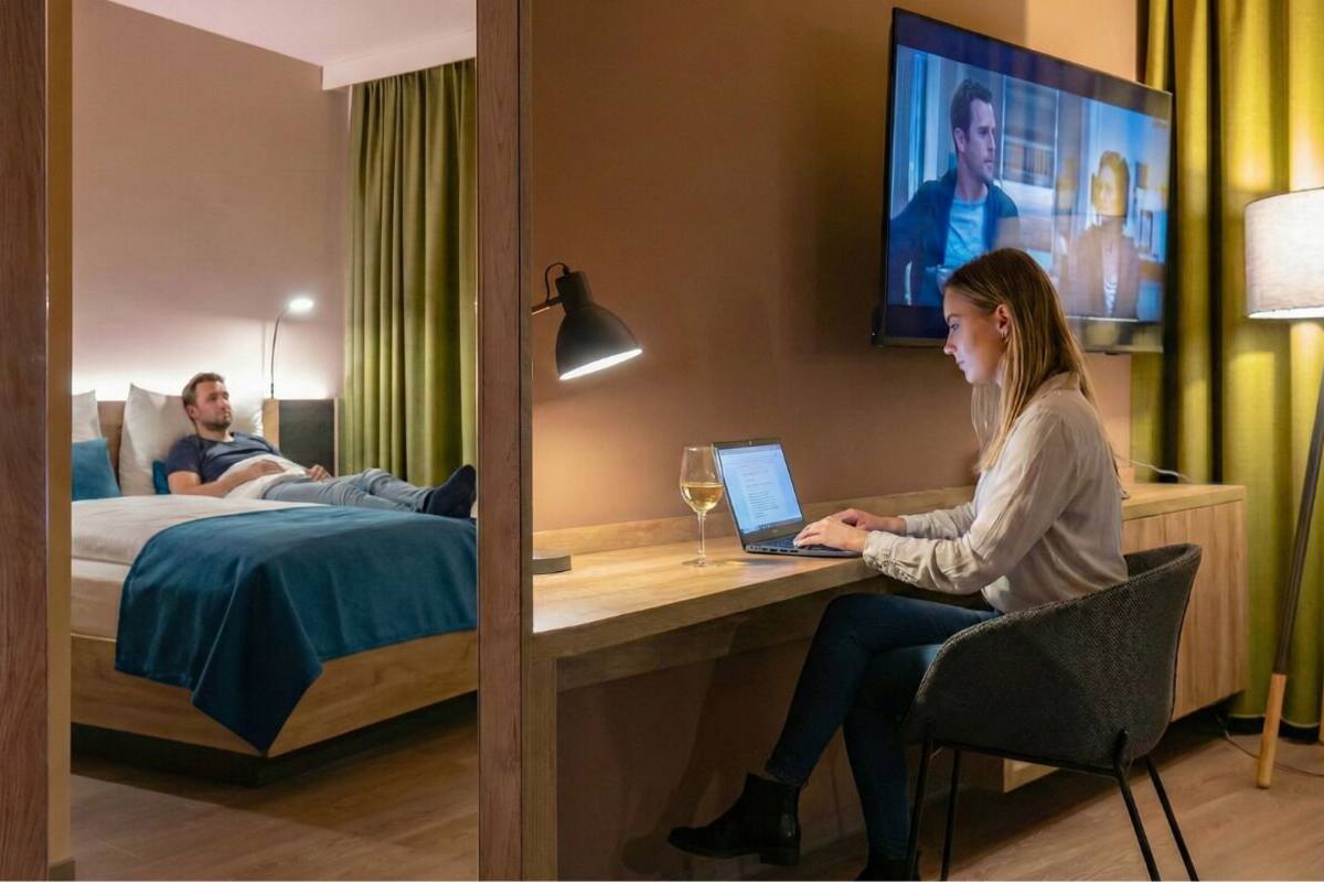 Una habitación de hotel con una cama, un escritorio con una computadora portátil, un televisor y una lámpara.