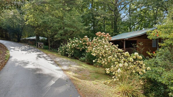 A cabin with a porch, surrounded by dense foliage and a gravel path. - Walk to town,covered deck dining,wood-burning fireplace (Highlands)