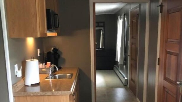 A compact kitchen with wooden cabinets, a sink, and a trash bin. - Oakes Oramel Inn (Belfast)
