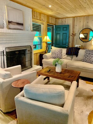 TV connectée, cheminée, lecteur de DVD, livres