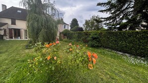 A residential garden with a lawn, flowering plants, and a hedge. - The Nebula (notre dame de l'isle)