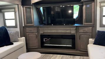 Smart TV, fireplace, video games, books