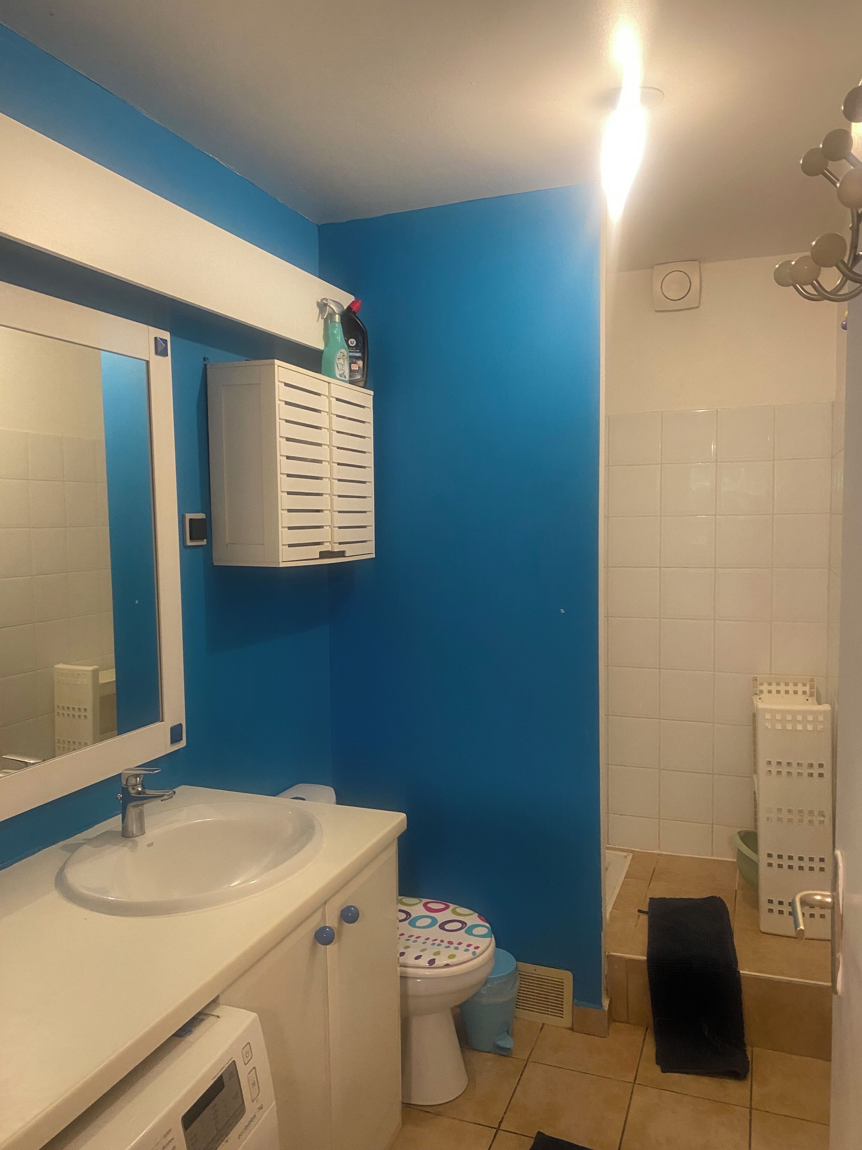 A bathroom with a blue wall, white sink, and toilet. There is a mirror above the sink, a cabinet with cleaning supplies, and a shower with a towel rack.