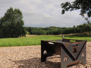 Un barbecue en métal orné d’un motif de grenouille, entouré de gravier et bordé d’un champ d’herbe, avec des arbres en arrière-plan.