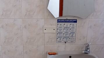 Basic Room, 1 Large Twin Bed | Bathroom | Shower, heated floors, towels, soap