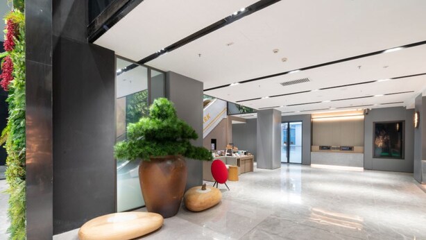 Eine moderne Lobby mit einer großen Topfpflanze, einem Empfangsbereich und einer Treppe.