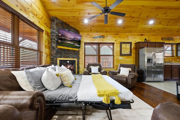 Smart TV, chimenea y libros