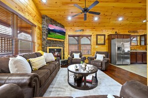 Smart TV, chimenea y libros 