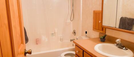 Un baño con bañera, inodoro, lavabo y espejo.