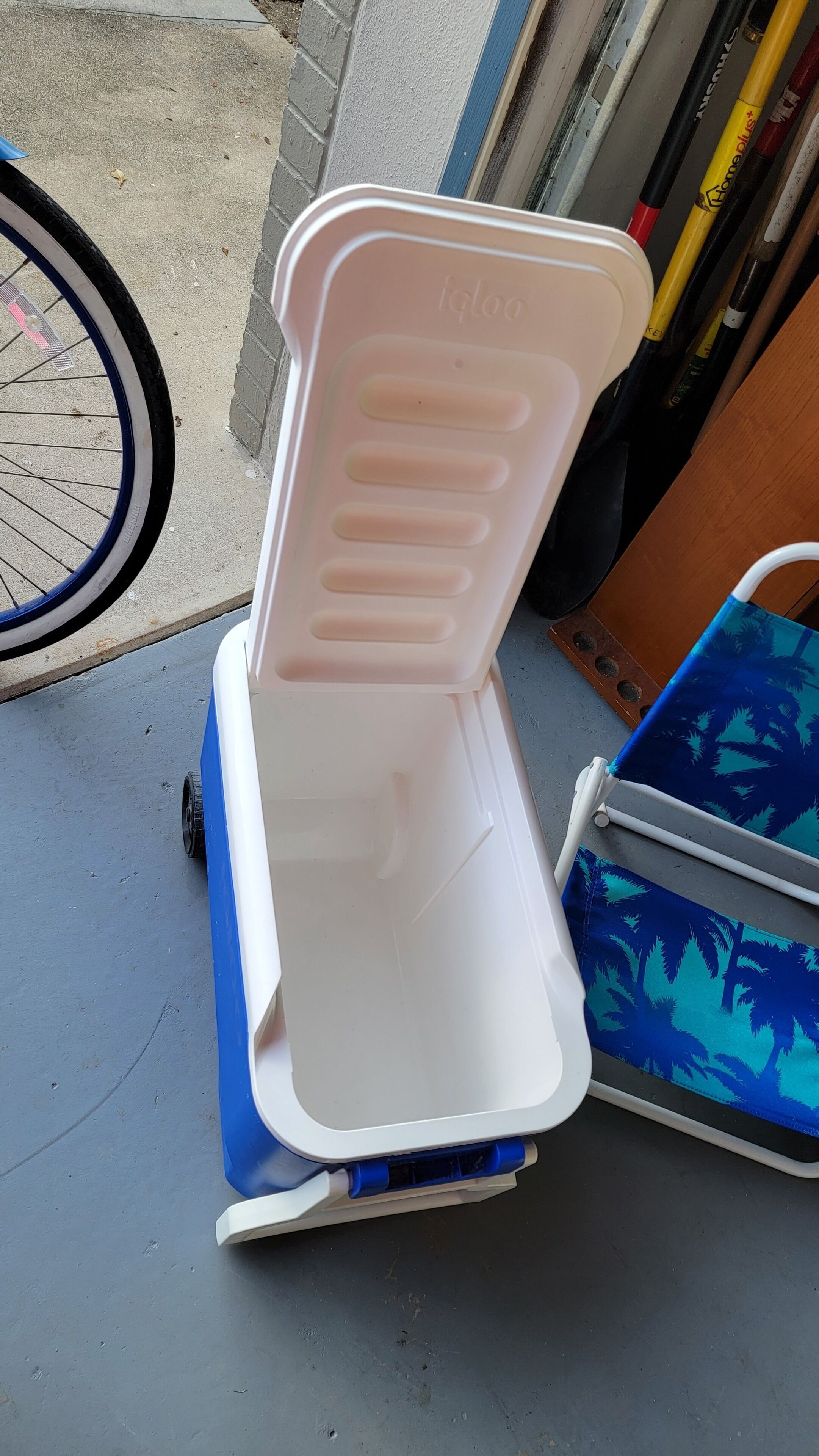 Ein weißer und blauer Stuhl mit Rückenlehne und Sitzfläche, auf einem Betonboden neben einem Fahrrad und einem Stuhl mit Palmenmuster.
