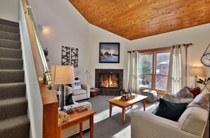 TV, fireplace, music library, video library