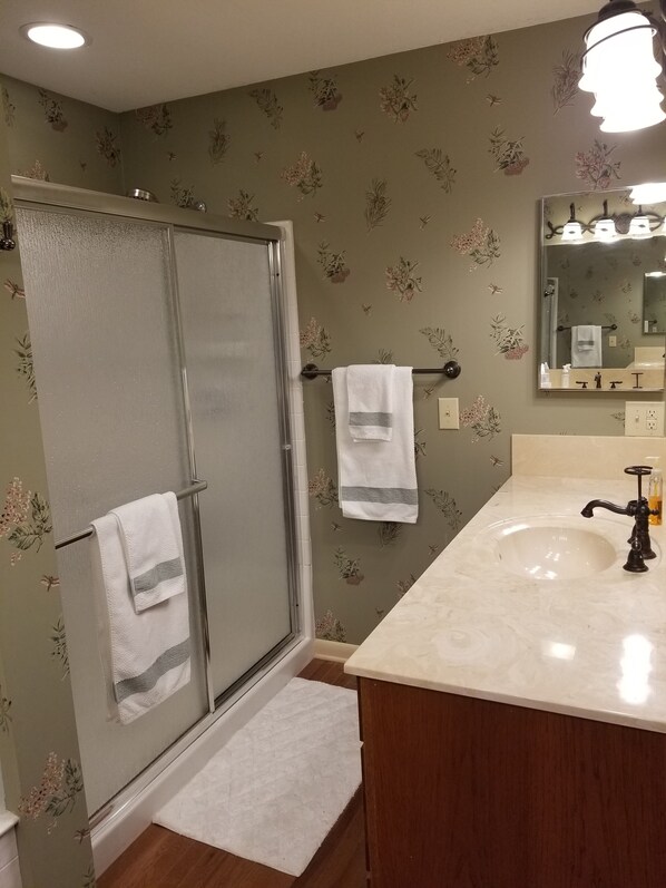 Un baño con mampara de vidrio, un lavabo blanco con grifo negro y un espejo sobre el lavabo.