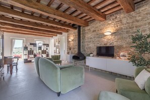 Smart TV, fireplace, table tennis, books