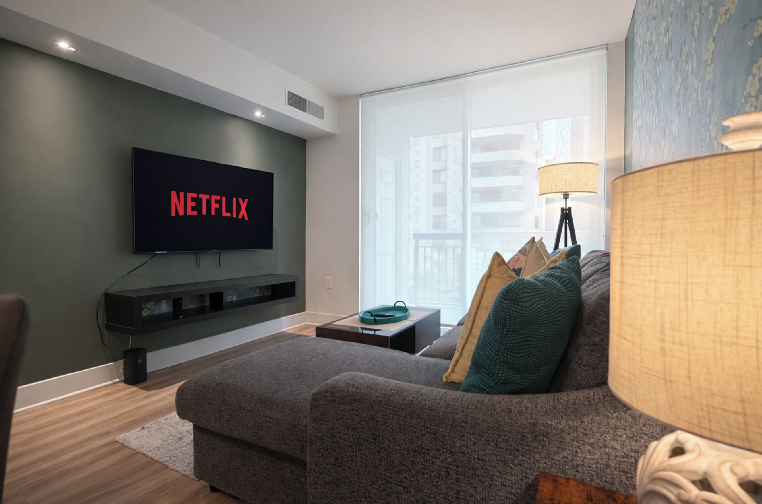 Smart TV, fireplace, books