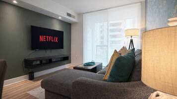 Smart TV, fireplace, books